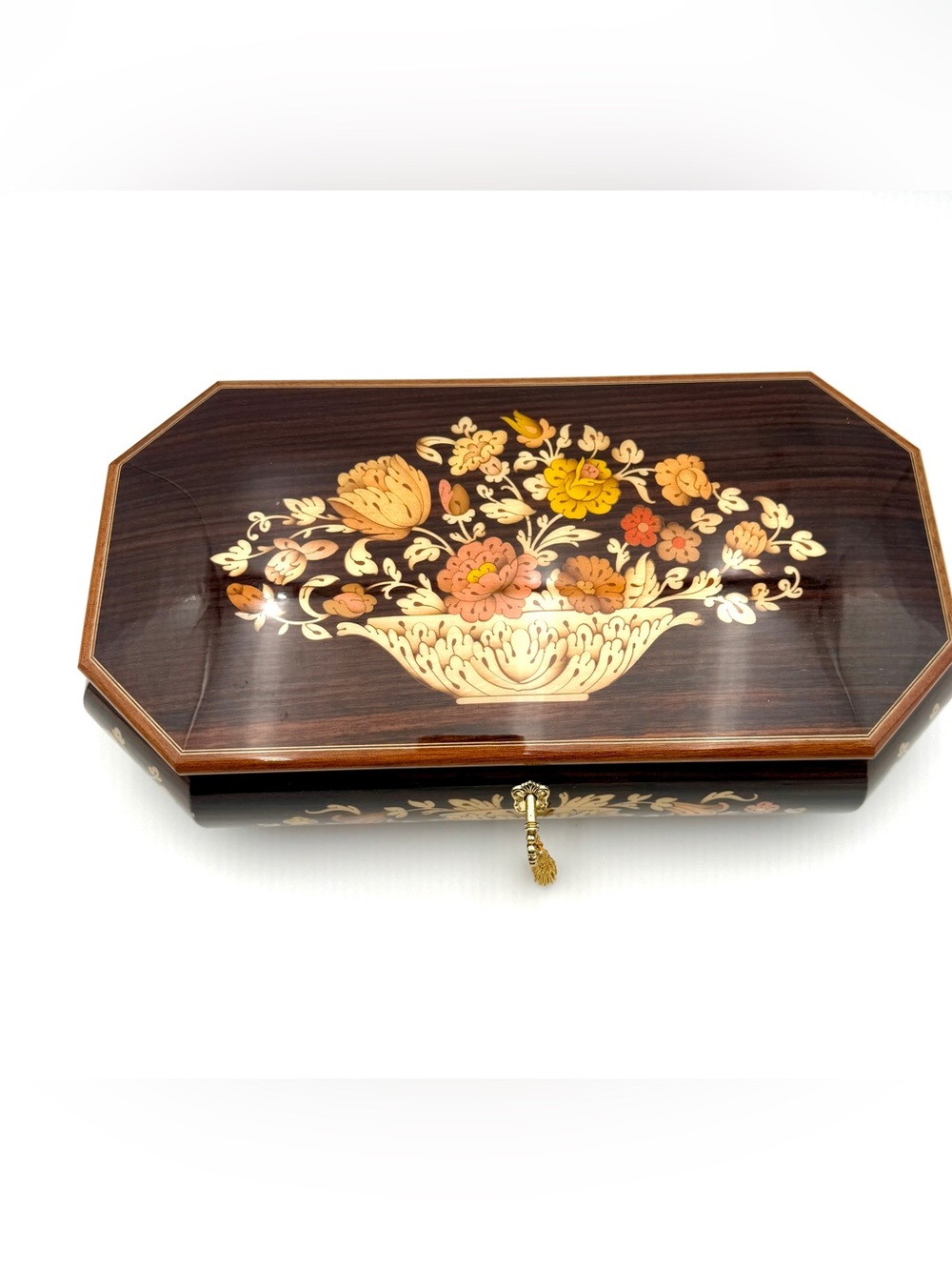 VTG Italian Inlaid Wood Jewelry Music Box Reuge Swiss Movement Double Layer 14”
